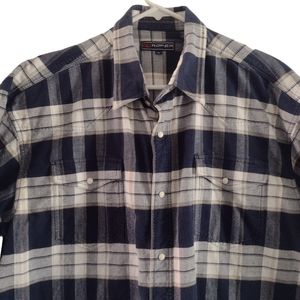 Ropers western mens white pearl snap navy plaid long sleeve. XL Preloved.
